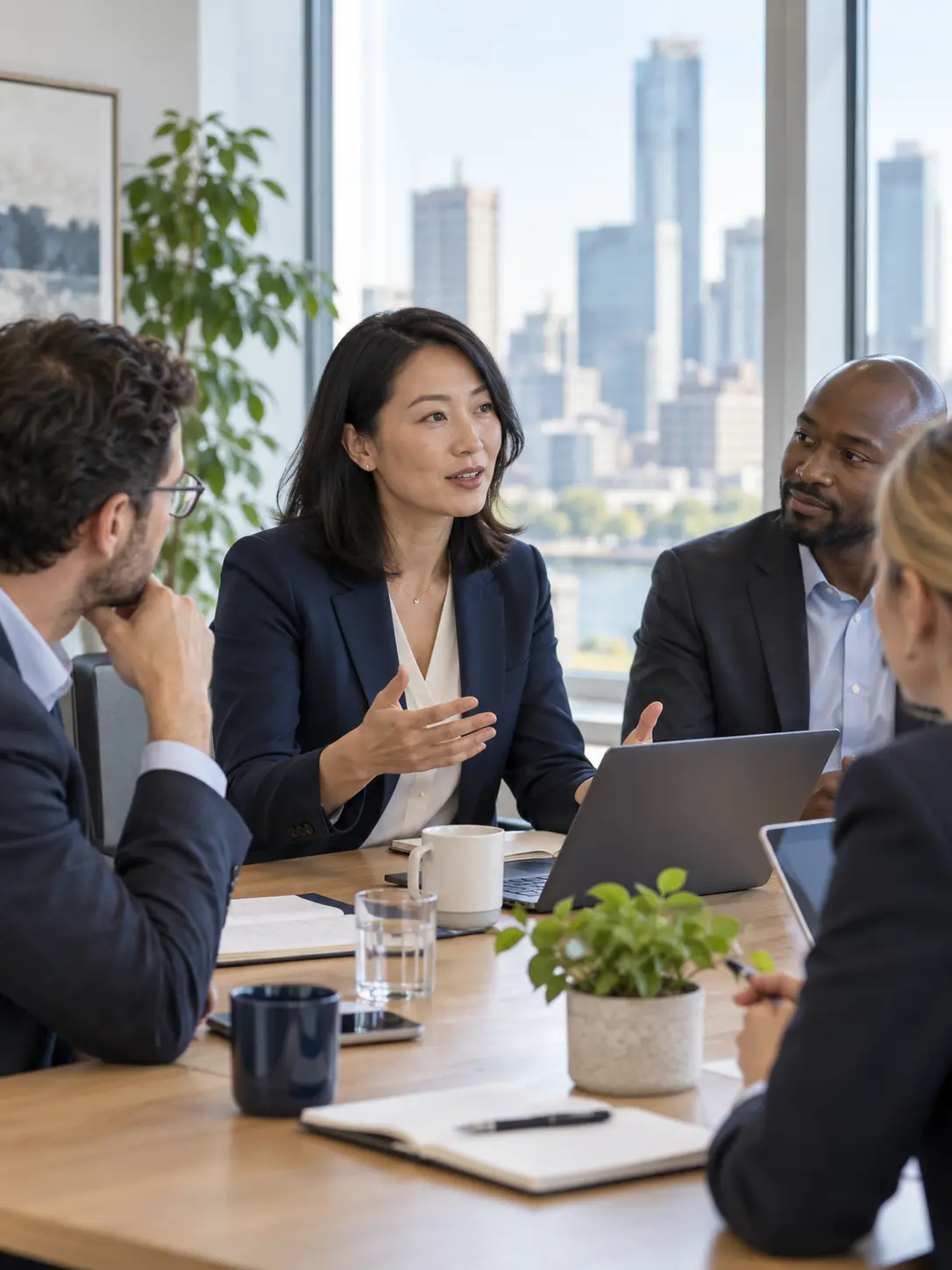 An international professional confidently contributing during a business meeting